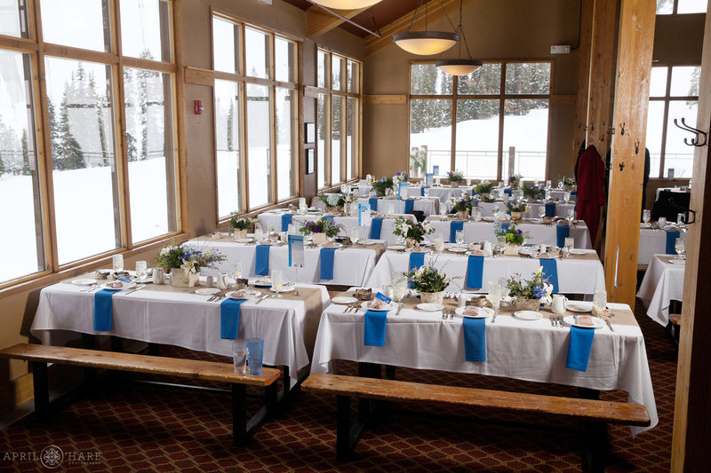 Inside the Black Mountain Lodge set up for blue and white wedding reception