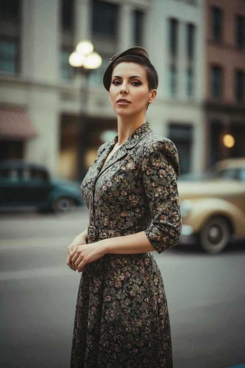 Jasmina Kimova in a vintage floral dress on a New York street, styled with Old Hollywood elegance for a cinematic editorial photoshoot.