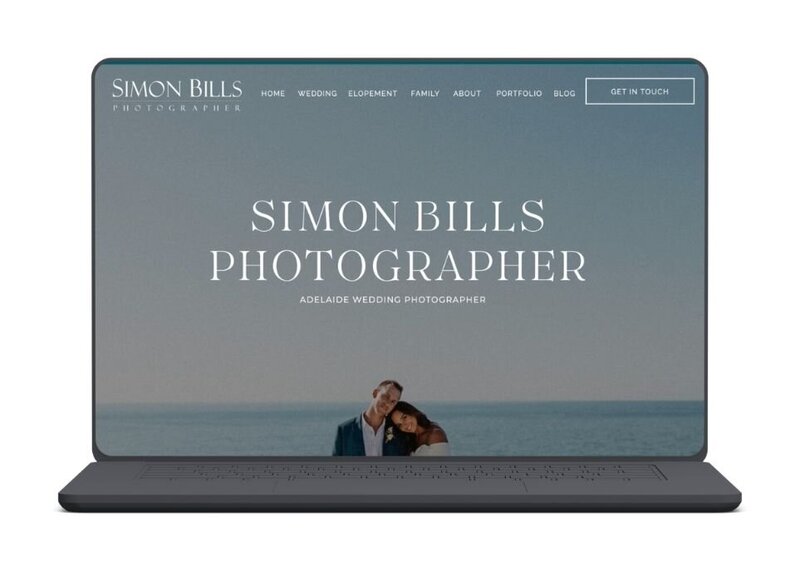 Website homepage for Simon Bills, Adelaide wedding photographer, with coastal background image.