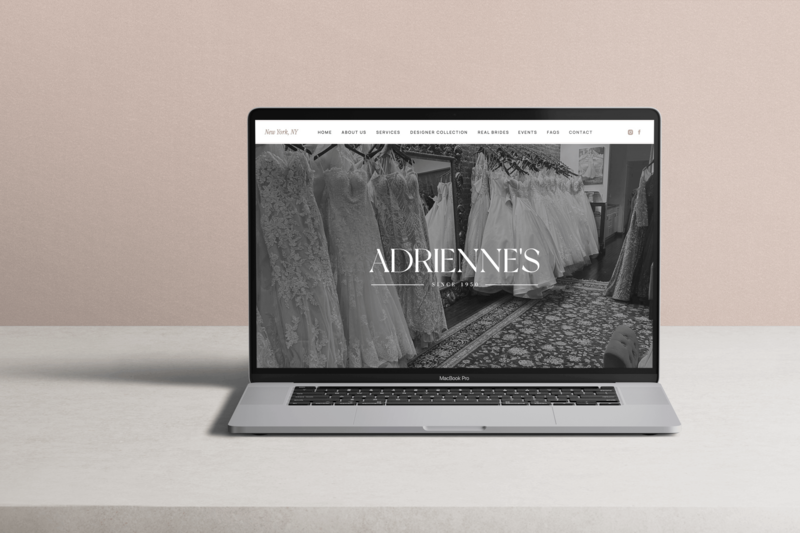 Laptop mockup of Adrienne’s website showcasing a refined bridal boutique homepage with black-and-white details and elegant script.