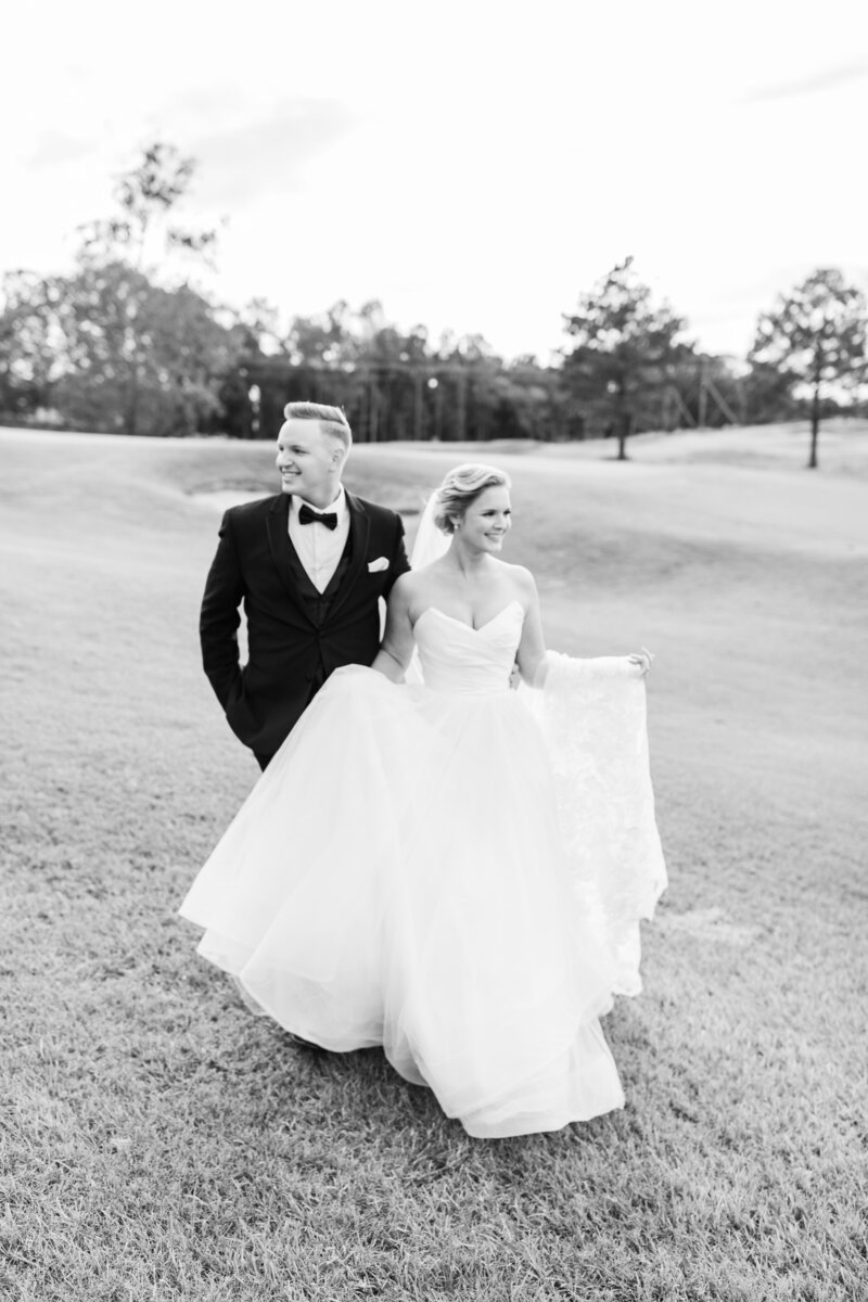 black and white photo of bride and groom