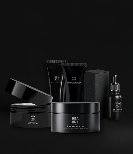 Collection of Beard One men's grooming products on a black background