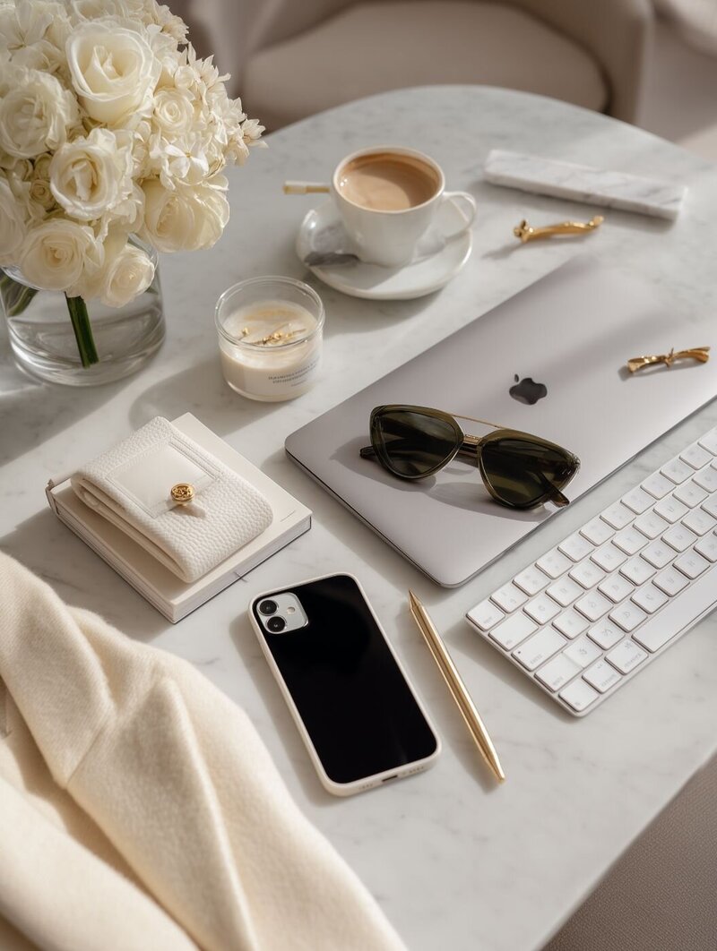 Luxurious marble desk setup with a bouquet of ivory roses, coffee cup, scented candle, closed MacBook, gold pen, smartphone and sunglasses in soft natural light.