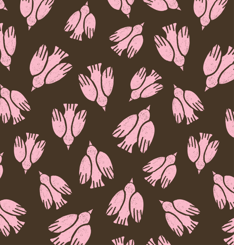 Pattern of strawberry pink colored block print birds flying on a rich brown background