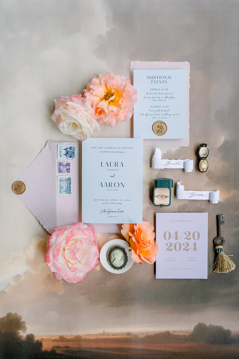 Tiffany Longeway Photography captures a beautifully arranged wedding invitation suite at Villa Montalvo in Saratoga, California.