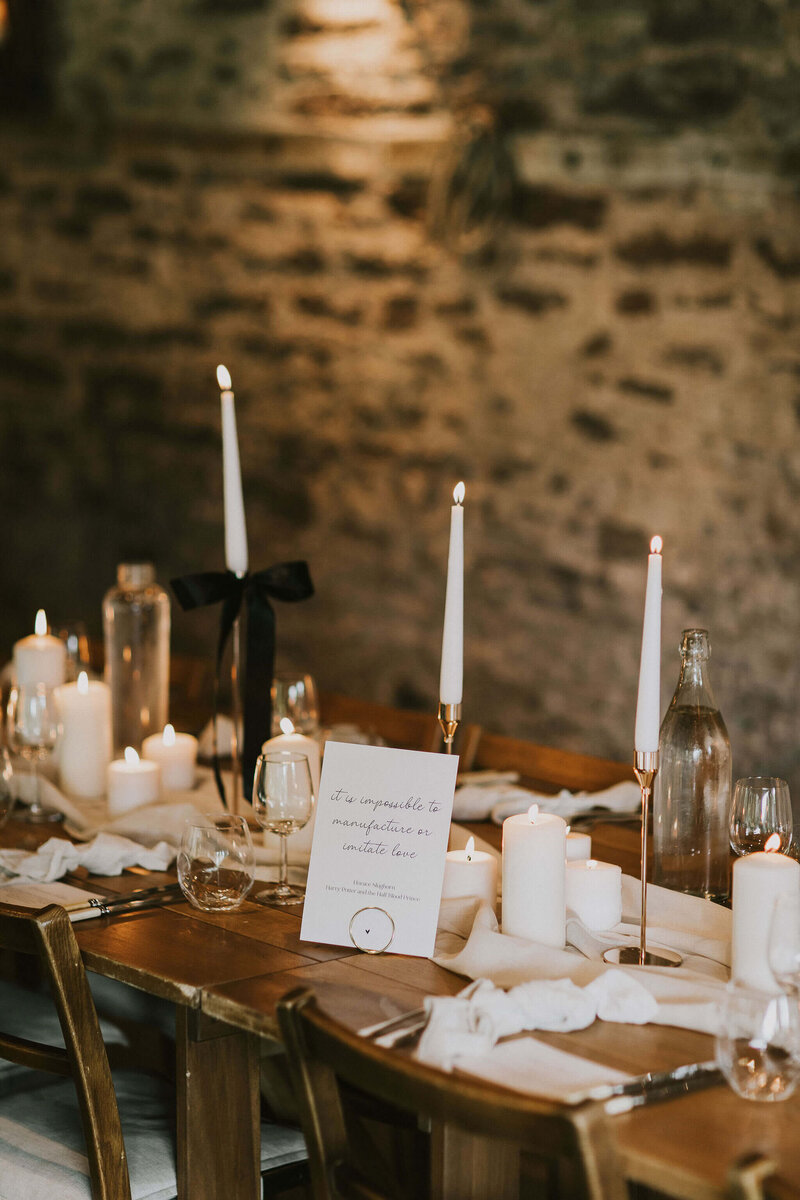 Candles on the tables for the wedding breakfast at Dewsall Court