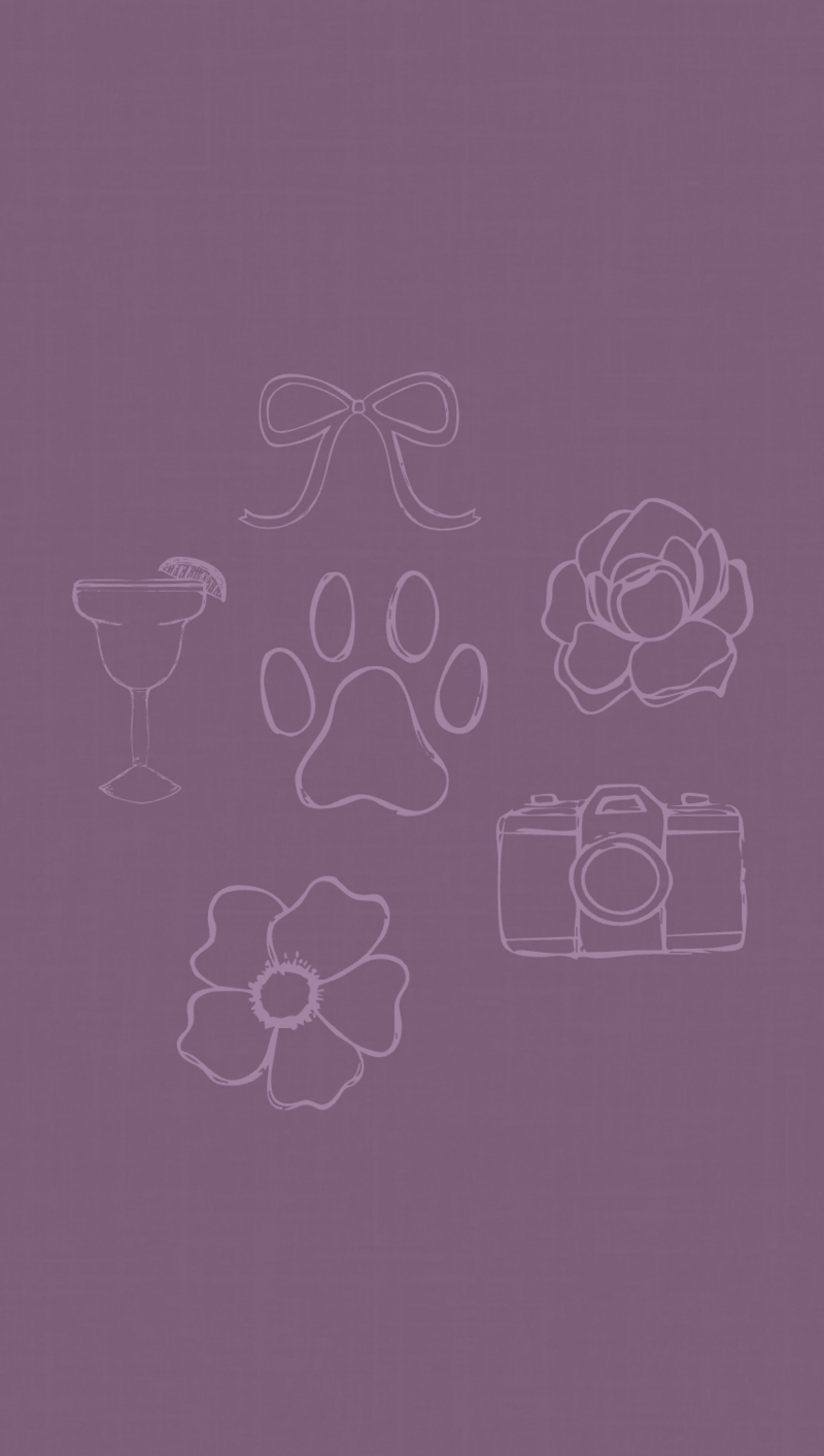 Deborah Michelle Photography Handdrawn Icons of a Bow, Camera, Paw, Flowers, and Margarita Glass on Purple Background