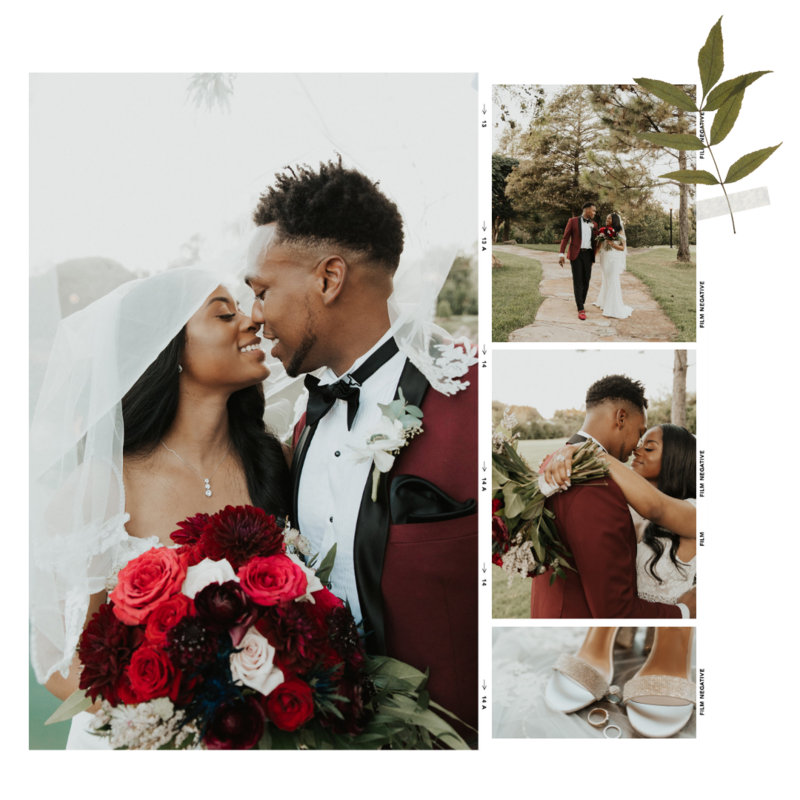 A collage imitating film; The left photo is a bride and groom touching noses, smiling, under the bride's veil. The right photos are the bride and groom walking on a path, the bride wrapping her arms around the groom's neck, and the bride's shoes and rings.