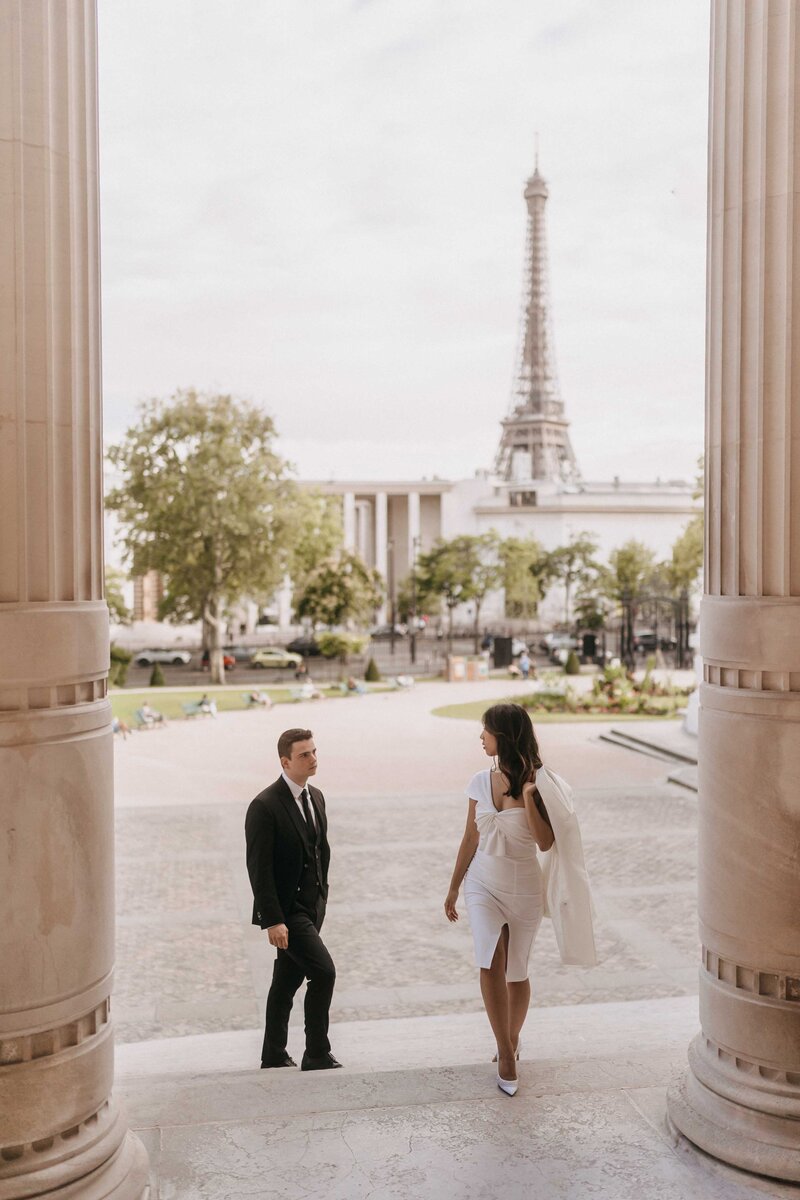 Elegant engagement portraits in Palais Royal garden in Paris