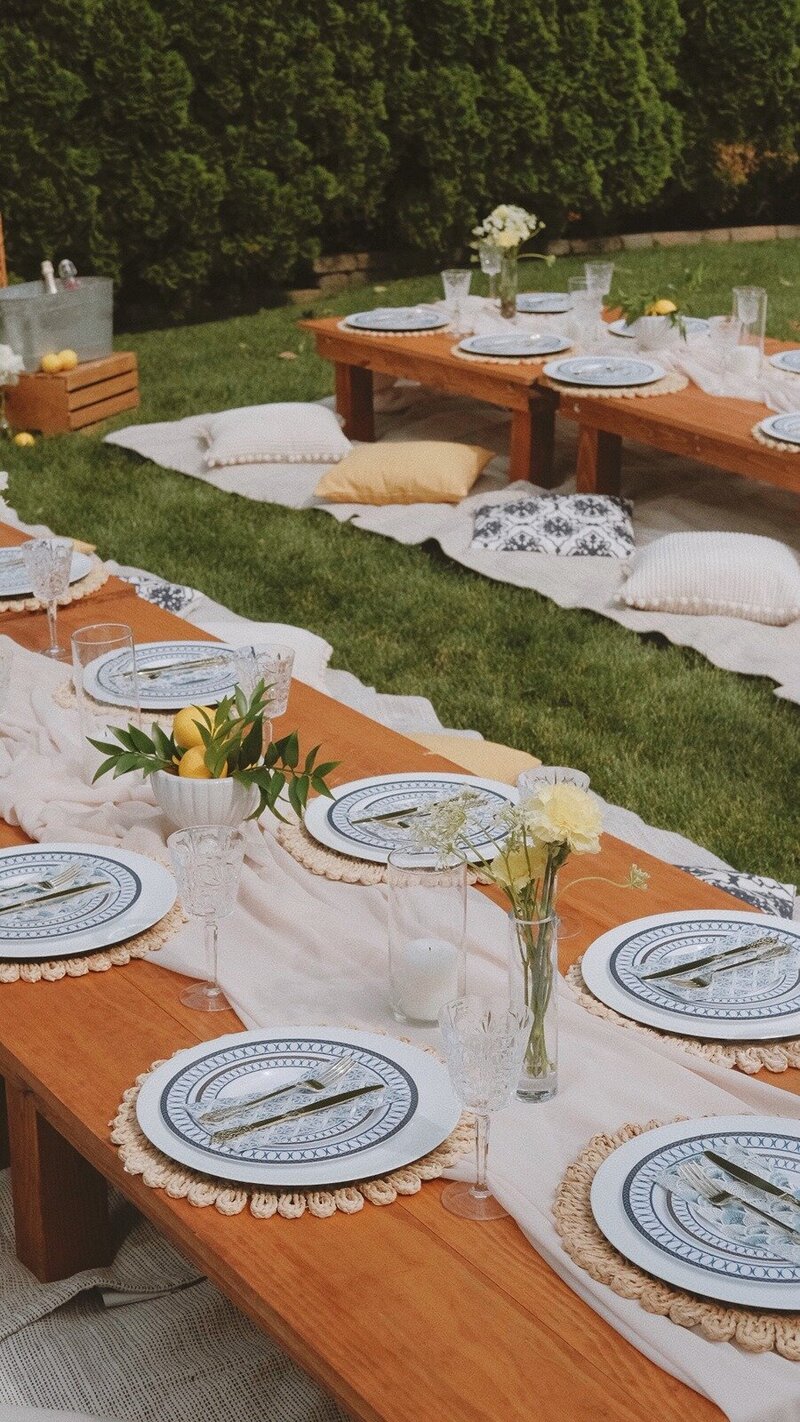 Elegant outdoor picnic setup with low wooden tables, blue and white patterned plates, crystal glassware, and soft cushions for seating on the grass. Styled by Yours Truly, a wedding planner and designer in New Jersey.
