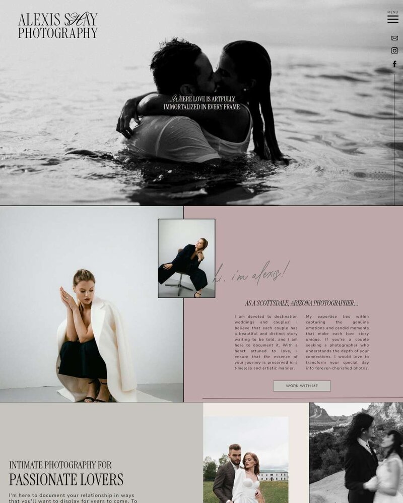 A wedding photographer's home page with a mauve and neutral color scheme, a black and white heading photo, an introduction, and wedding photos.