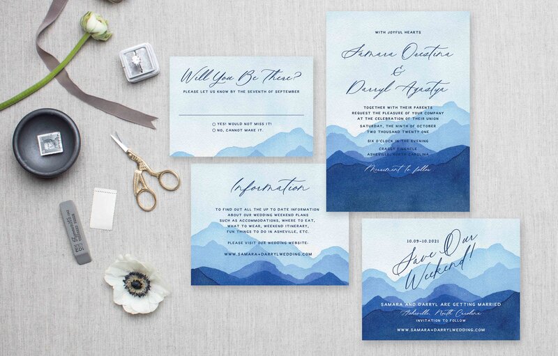 watercolor mountain theme wedding invitations