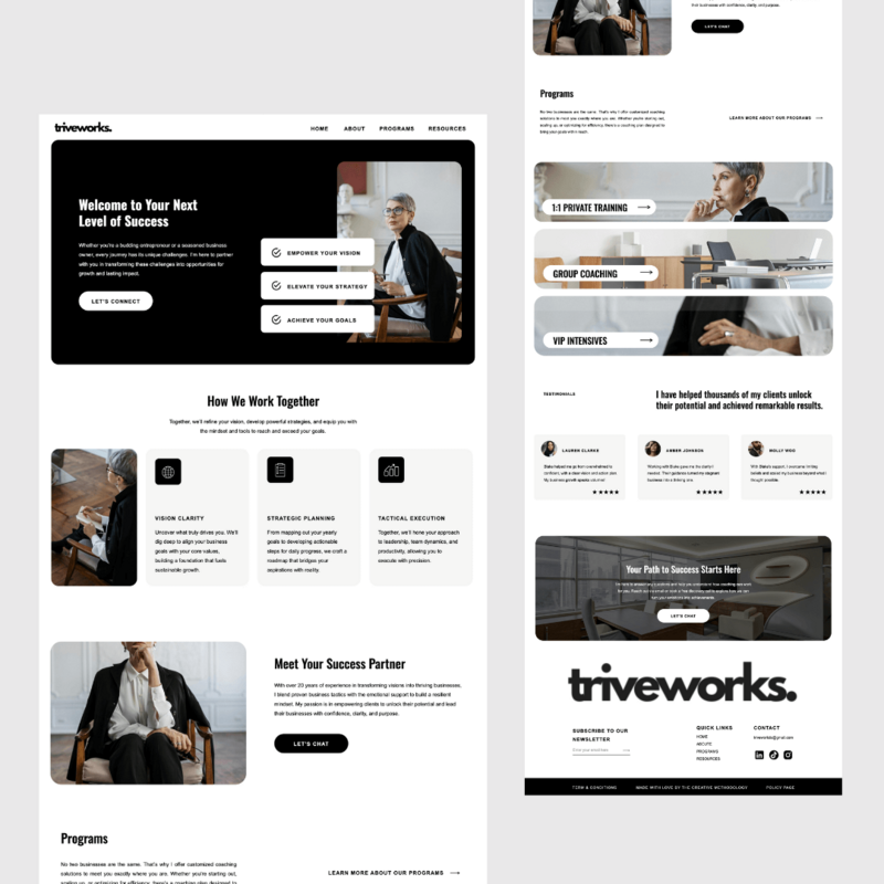 Screenshot of Triveworks coaching program website design, showcasing sections for personalized coaching services, client testimonials, and success stories in a modern, user-friendly layout