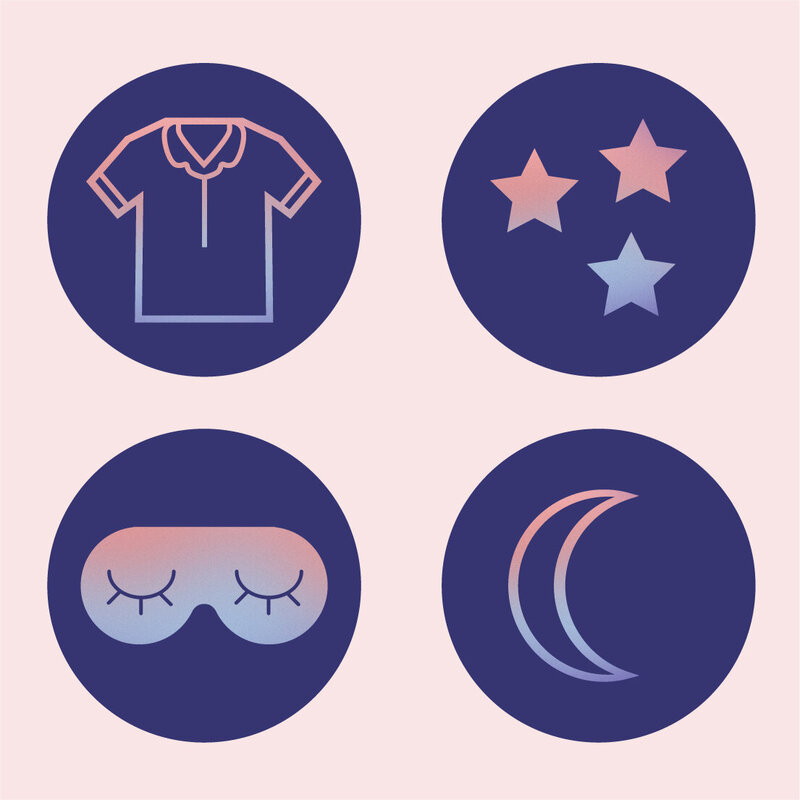 pajama shirt icon, star icon, sleeping mask icon, moon icon