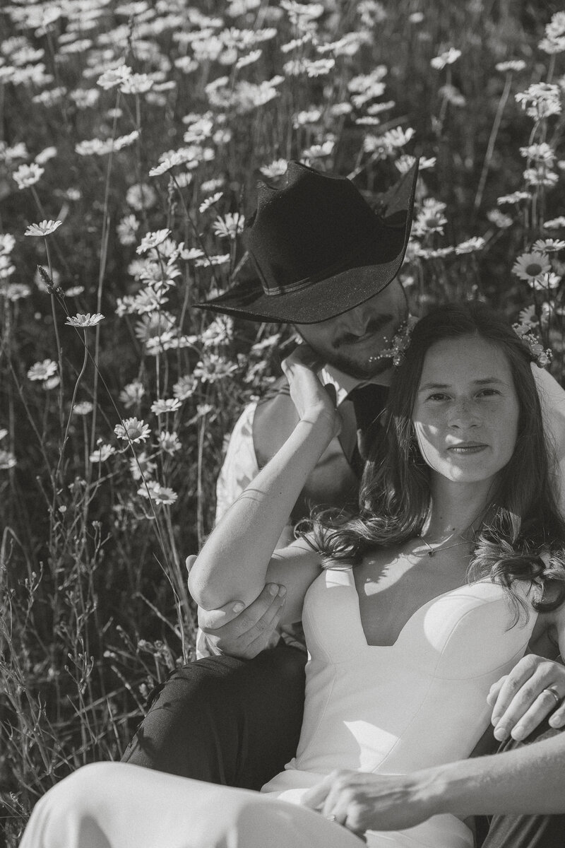 bride in grooms lap during wedding portraits in field of daisies in Courtenay by latitude 49 photography 