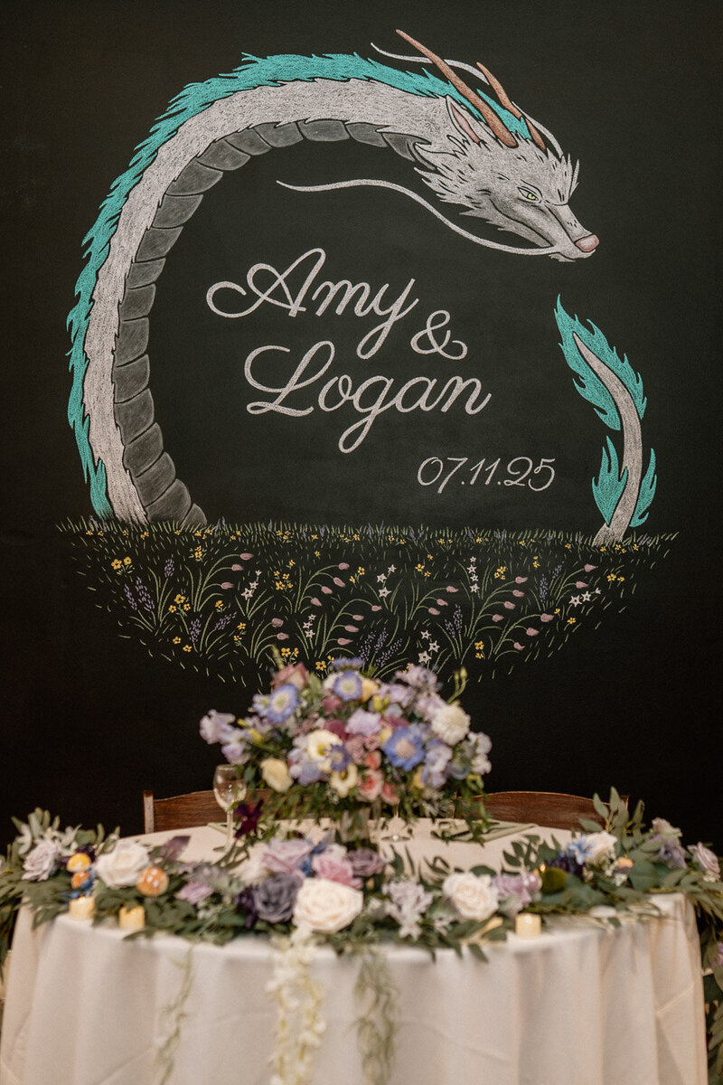 Chalkboard mural with wedding date and floral centerpiece