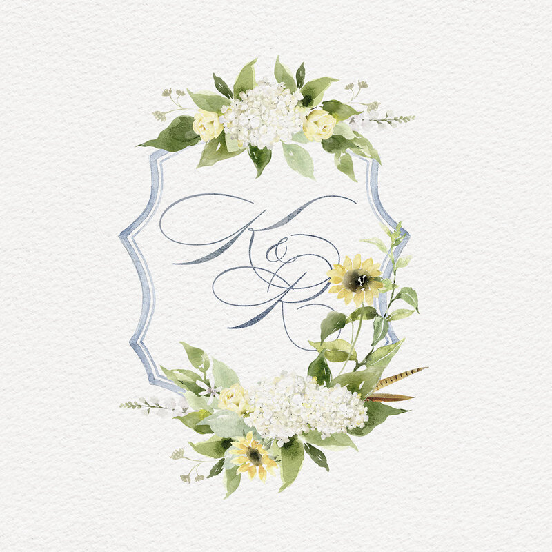 Jaye-Bird-Custom-Wedding-Invitations-watercolor-crest-design-sunflower