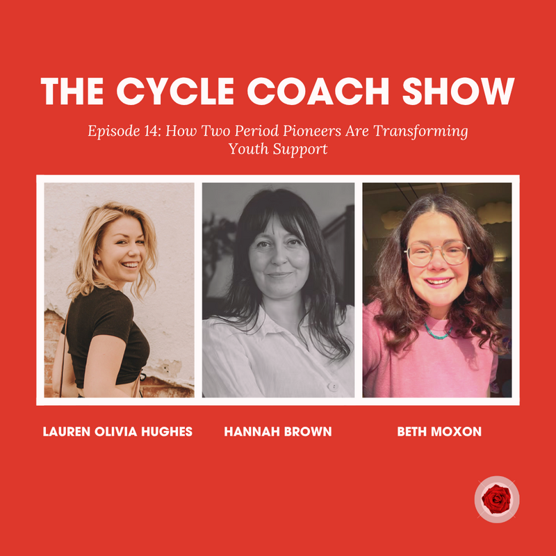 A podcast episode cover with Lauren Olivia Hughes, Hannah Brown and Beth Moxon
