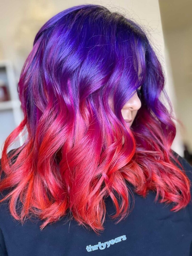 medium hair purple, pink and red ombre'