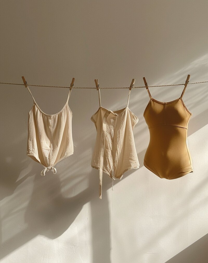 Three swimsuits  on Clothesline, nude colours, nostalgic looking