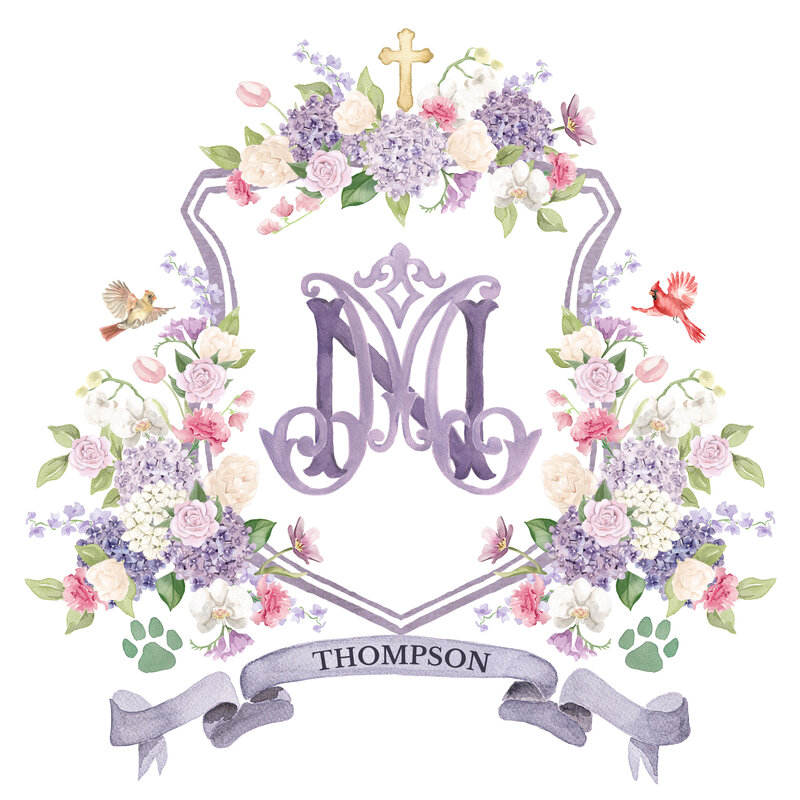 A lavender wedding crest featuring a cross and cardinals painted by Alicia Betz of The Welcoming District.