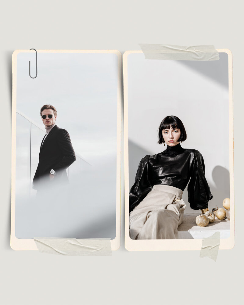 Editorial-style fashion portraits representing identity reset, personal reinvention, and brand styling for creative entrepreneurs and founders