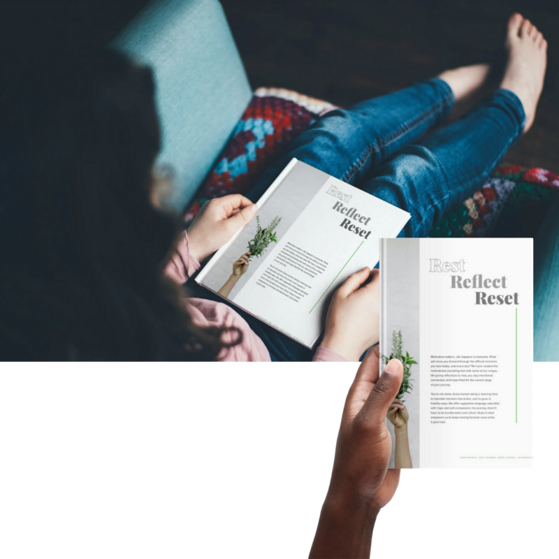 Find Your Wellness Tool  | Girl sitting on couche reading "Rest Reflect Reset" by OneStepHope and 30 Day Gratitude Challenge available now.