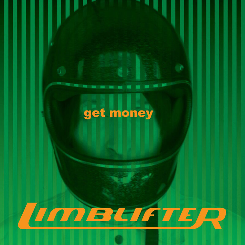 Original Artwork Single Cover Band Limblifter Title Get Money closeup of lead singer in motorcycle helmet black and white image with striped green tone