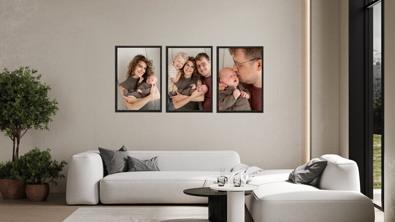 Elegant 3-luik gezinsshoot kunstwerk boven de bank