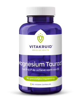 Magnesium is een belangrijk mineraal dat aan de basis staat van meer dan 300 biochemische processen in ons lichaam. De magnesium tauraat bevat ook B6 wat de opname versterkt en heeft een positief effect op de hormonen.