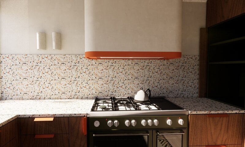 A leather bedhead, wooden side tables and terracotta bedlinen