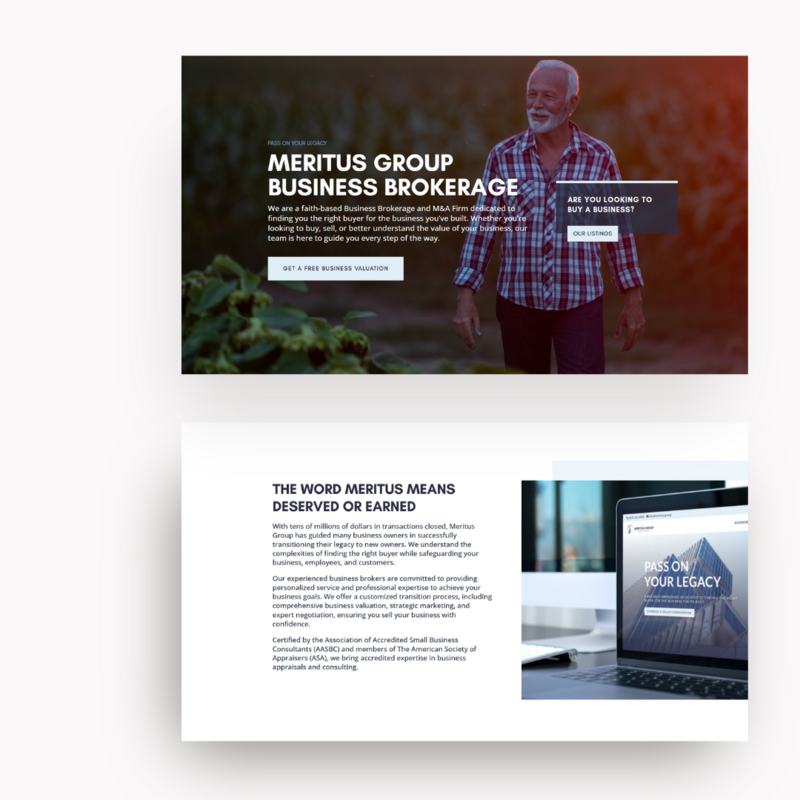 Custom business brokerage website for Meritus Group featuring SEO-optimized design