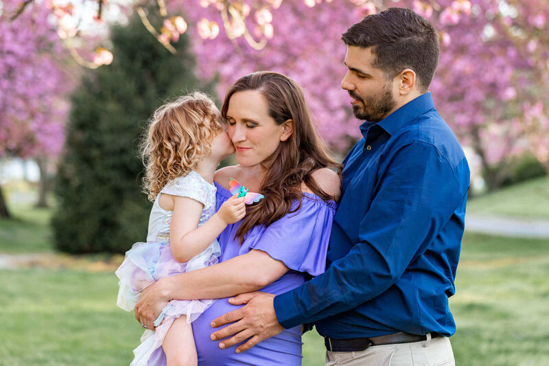 A pregnant woman in a purple dress with her husband and daughter posing in front of pink blossoming trees.