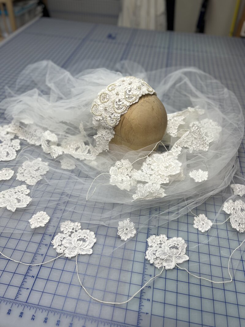 Vintage heirloom lace veil and headpiece with pearls