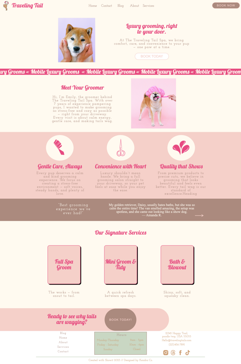 Homepage design for The Traveling Tail Spa Showit template featuring a dog grooming hero section, meet the groomer intro, brand values, testimonials, and services preview in soft pink and cream colors.