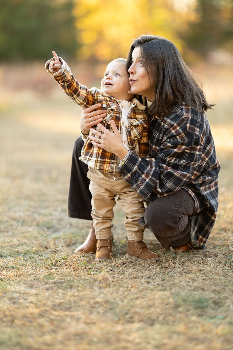 Fall family photo of a mother in plaid sitting on the grass under autumn foliage, holding her toddler son on her lap at golden hour