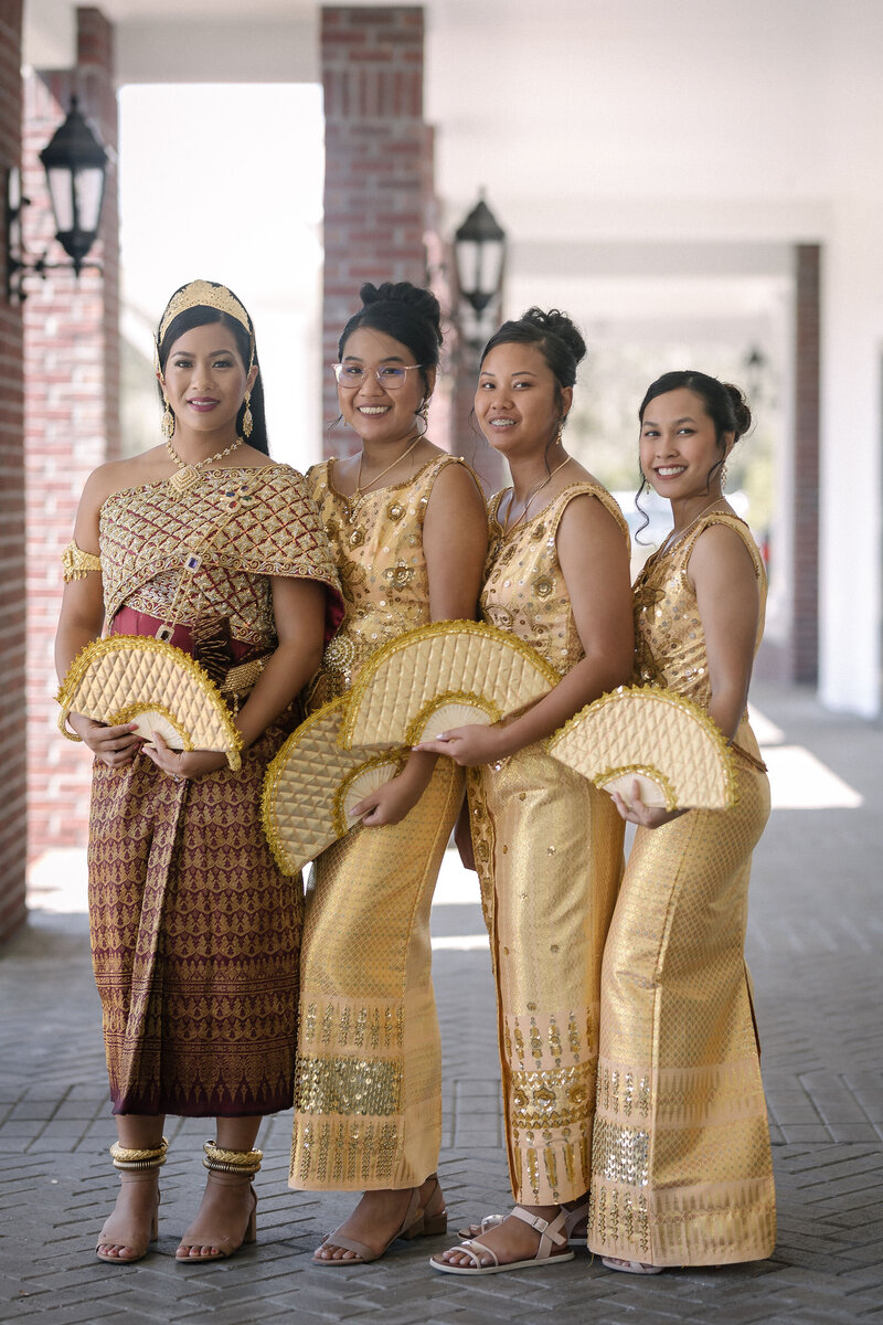 Bride and bridesmaids in Traditional Cambodian Dress in Jacksonville FL | Khmer Wedding Photography | Phavy Photography, Best Jacksonville Wedding Photographer