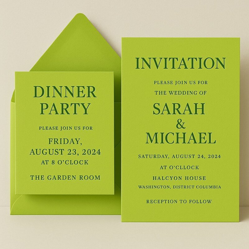 Bespoke wedding invitation with matching envelope in 2026 trend color lime yellow