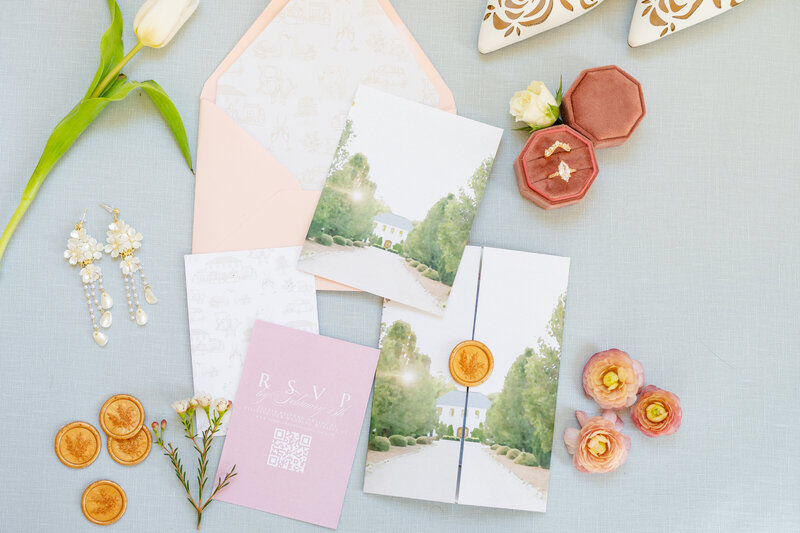 Pittsburgh Wedding Flatlay of Invite, Ring, and Jewerly