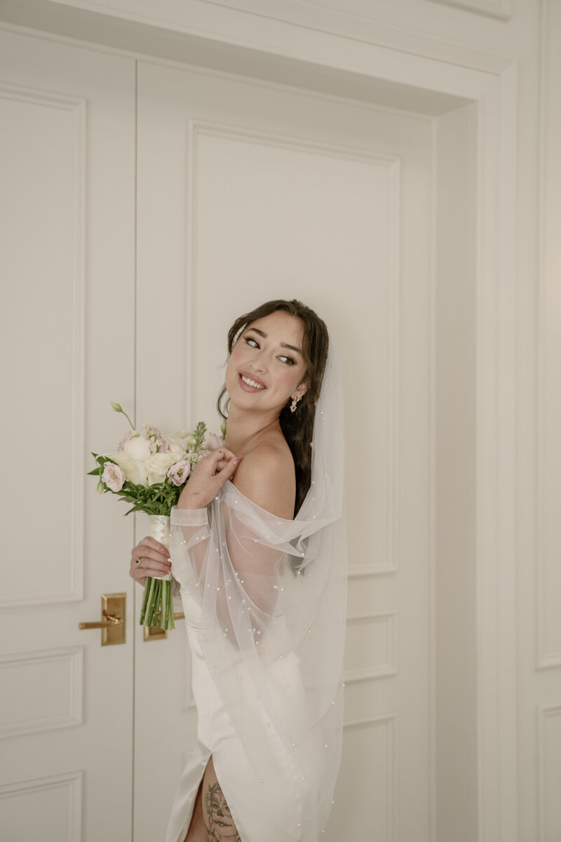 Elegant bridal makeup close-up with radiant skin finish