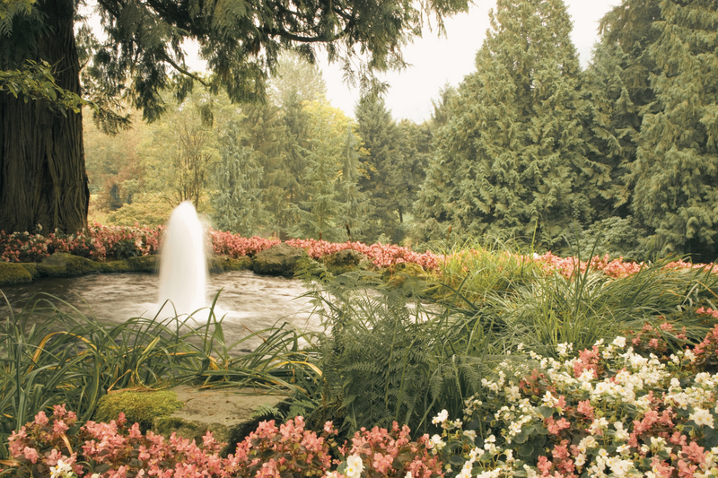 A small garden pond with a central fountain, bordered by pink flowers and tall evergreen trees.