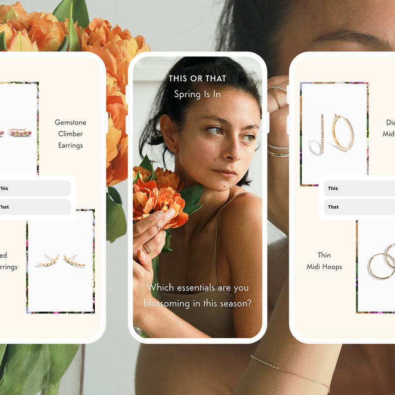 Social media marketing design service for eCommerce fashion and jewelry brands, featuring interactive Instagram story designs for fine jewelry brand, NYRELLE.