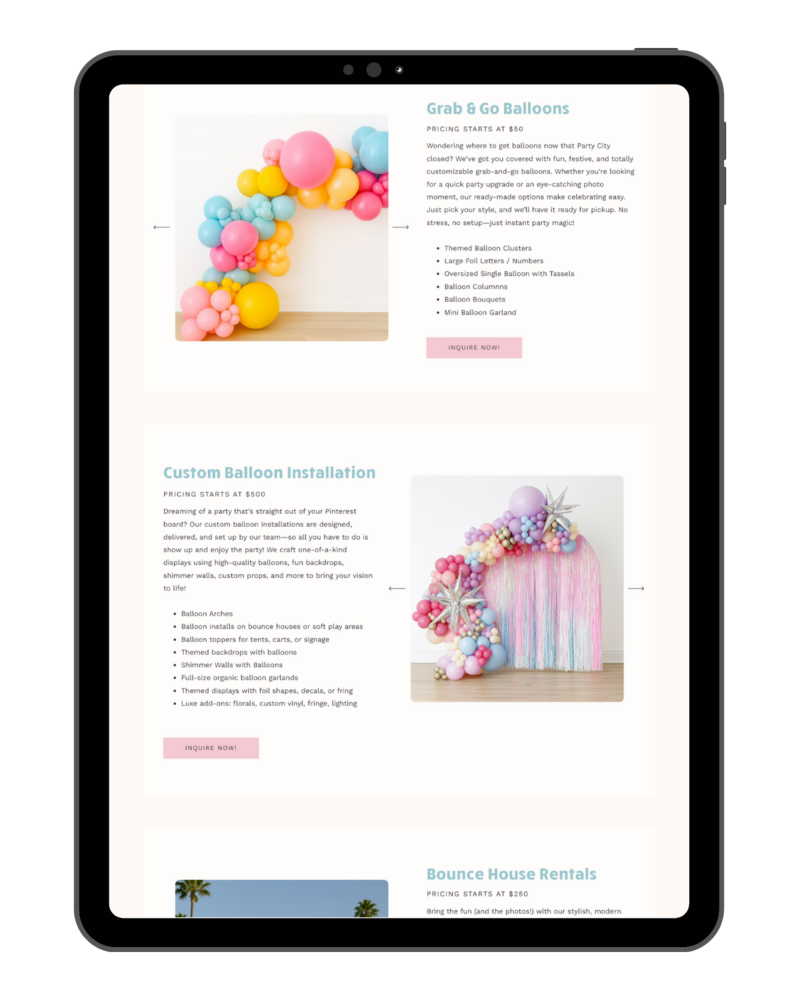Website template for event planner or balloon artist