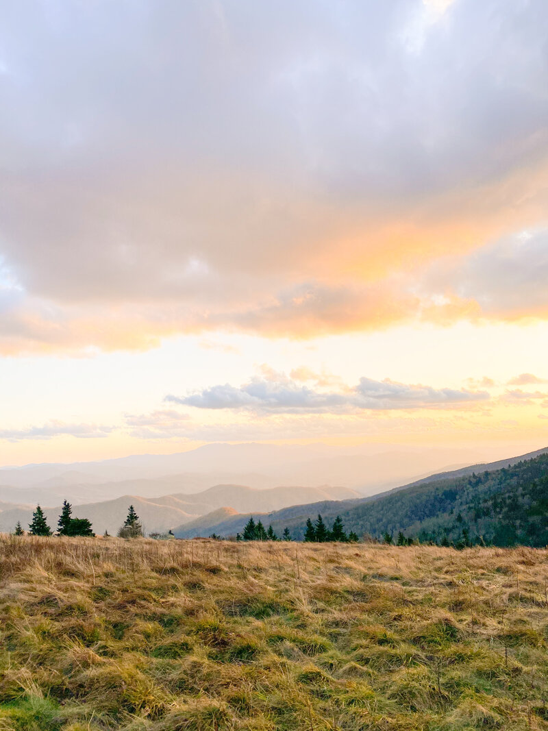 A breathtaking view of rolling mountain peaks under a golden sunset sky, with warm hues blending into the clouds at Roan Mountain