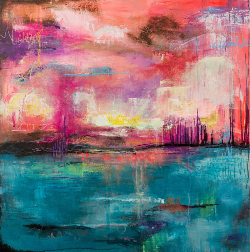 Christen-Horner-Art-Austin-Texas-OriginalPainting-2024-Sunlit-Memories-36x326-Abstract-Sunset-Sunrise-Bright-Colorful-Jamaica