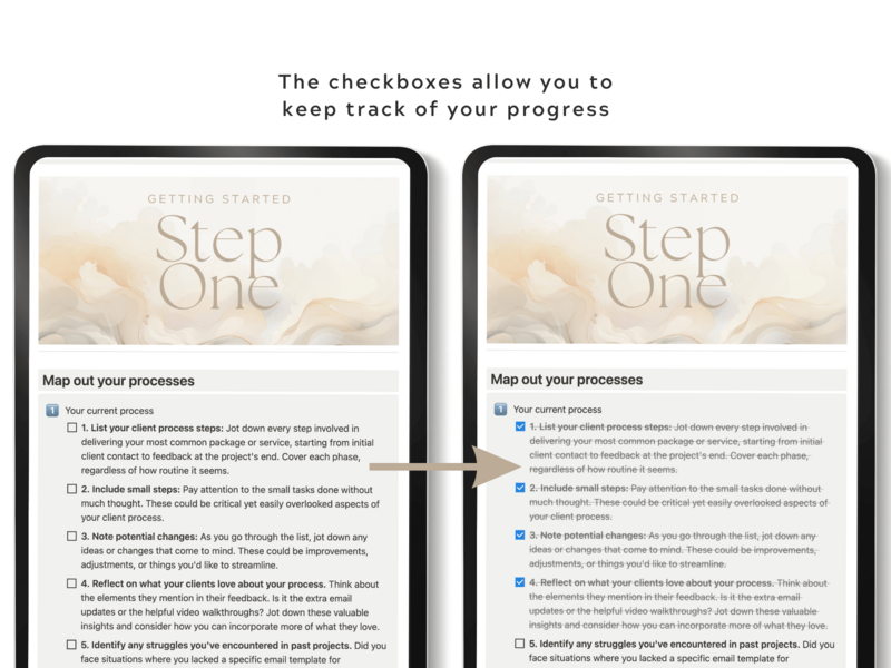 Dubsado Setup Guide in Notion - Product Images - 4 Checkboxes for progress by The Streamlined Creative by Stephanie Taale - Business Coach, Client Experience and Systems Strategist for brand and website designers