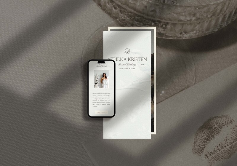 Athena Kristen wedding planner brand identity and mobile Showit website design mockup, featuring elegant typography, soft textured background, and refined feminine aesthetic.