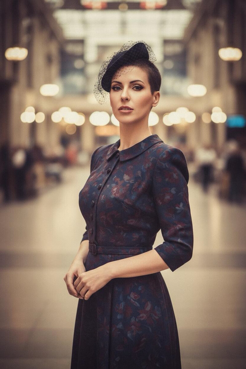 Jasmina Kimova in a vintage floral dress and fascinator, standing in a grand hall with cinematic lighting, styled in Old Hollywood elegance.