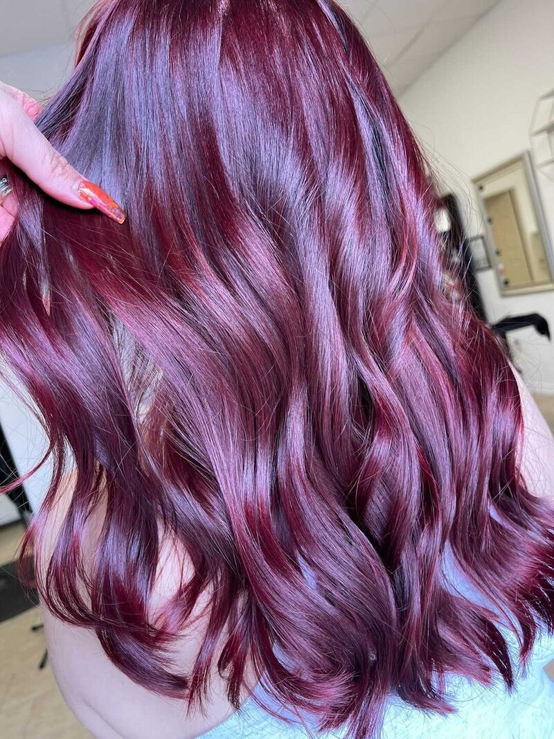 purple/red colored long hair with waves