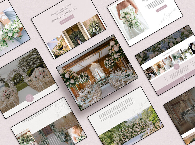 Landscape website layout for Seventh Heaven Events shown on a blush background